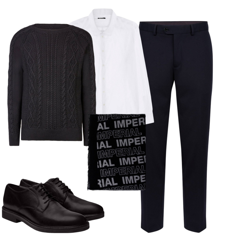 Outfit uomo - City. Stile Business/Elegante per Tutti i giorni. Abbinamento con camicie, sciarpe, scarpe stringate, pantaloni, maglieria.