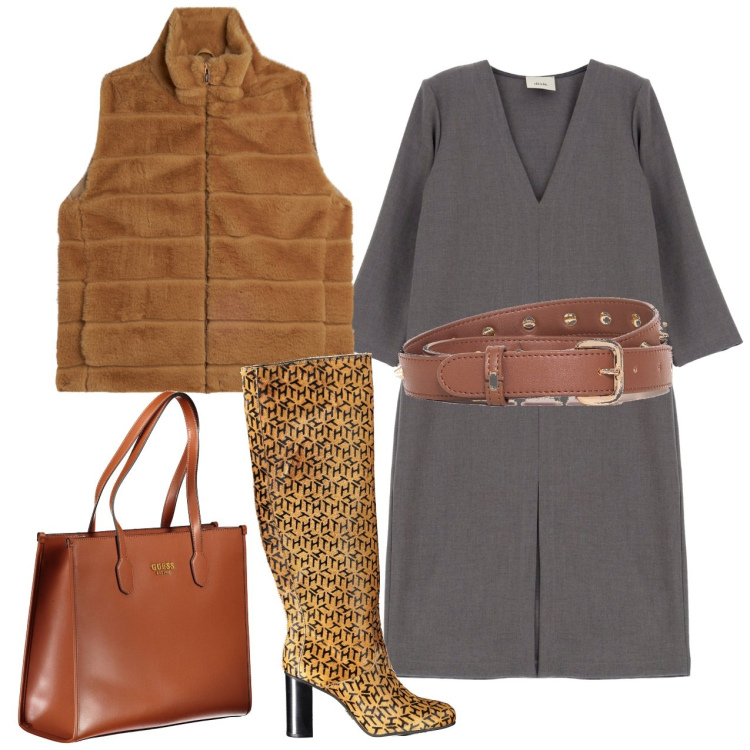 Outfit donna - Accessori chiave. Stile Chic per Tutti i giorni. Abbinamento con cinture, gilet, vestiti, borse a spalla, stivali.