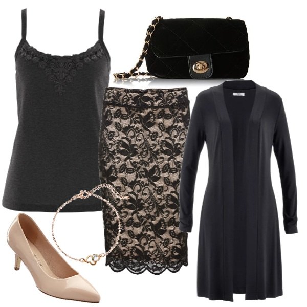 Outfit donna - Ricami per un incontro sensuale. Stile Sexy per Serata fuori. Abbinamento con cardigans, gonne longuette, top, décolleté, bracciale oro, corpo.