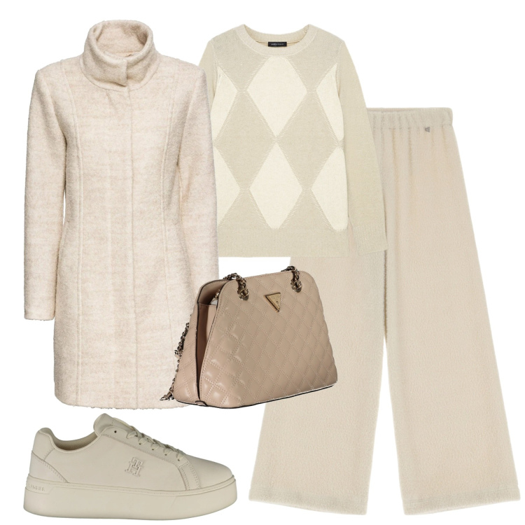 Outfit donna - Sporty chic. Stile Sporty chic per Tutti i giorni. Abbinamento con cappotti, pantaloni, borse a spalla, maglieria, sneakers.