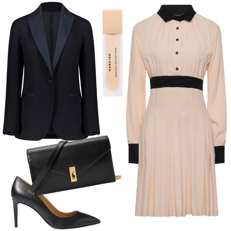 Outfit donna - Davvero chic. Stile Bon Ton per Ufficio. Abbinamento con vestiti corti, profumi, clutch, décolleté, giacche.