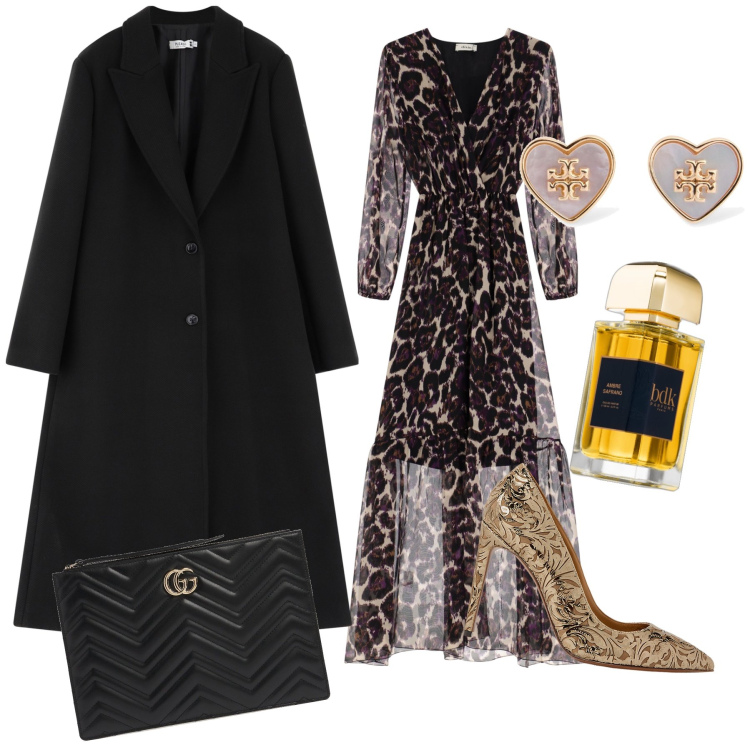 Outfit donna - Il maculato da soiree’. Stile Glamour per Serata fuori. Abbinamento con profumi, vestiti lunghi, cappotti, décolleté, orecchini, pochette.