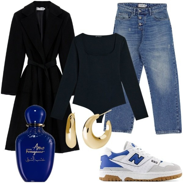 Outfit donna - Total look #2006458. Stile Casual chic per Tutti i giorni. Abbinamento con profumi, orecchini, sneakers, cappotti, jeans dritti, body.
