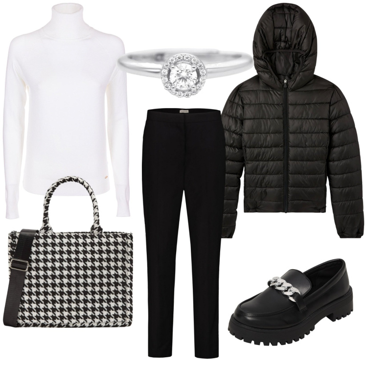 Outfit donna - Il black and White che conviene. Stile Basic per Tutti i giorni. Abbinamento con mocassini, blazer, shopping bag, anelli, maglieria, pantaloni.