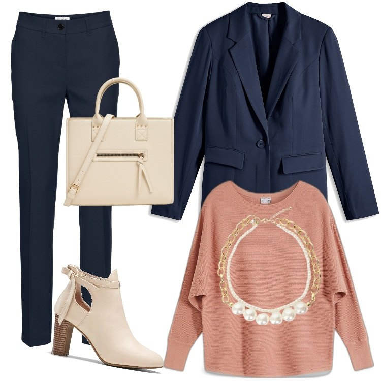 Outfit donna - Total look #2006467. Stile Casual per Ufficio. Abbinamento con maglieria, pantaloni, stivaletti, blazer, shopping bag, collane.