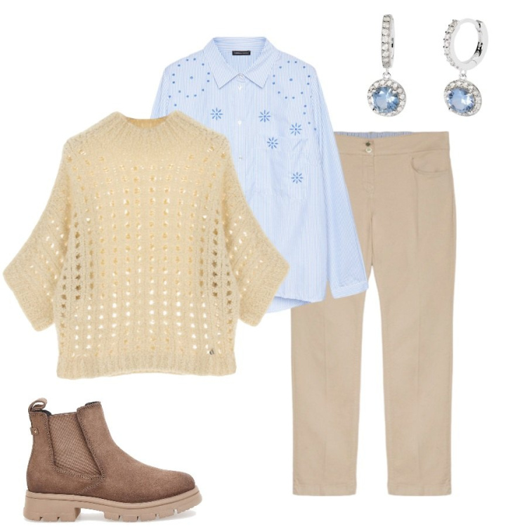 Outfit donna - Toni neutri. Stile Glamour per Tutti i giorni. Abbinamento con orecchini, pullovers, stivaletti chelsea, pantaloni, camicie.