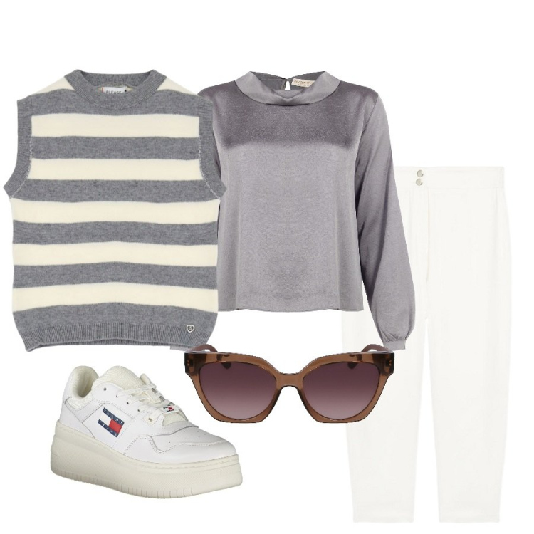Outfit donna - Toni neutri. Stile Glamour per Tutti i giorni. Abbinamento con bluse, maglieria, pantaloni, occhiali da sole, sneakers.