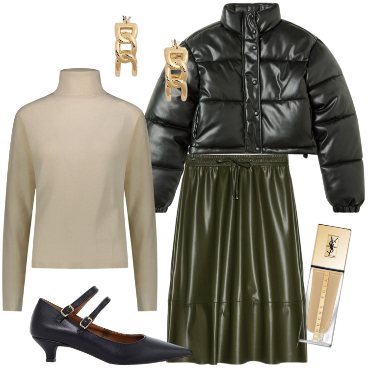 Outfit donna - Leather lover. Stile Rock per Serata fuori. Abbinamento con fondotinta, blazer, décolleté, orecchini, pullovers, gonne longuette.