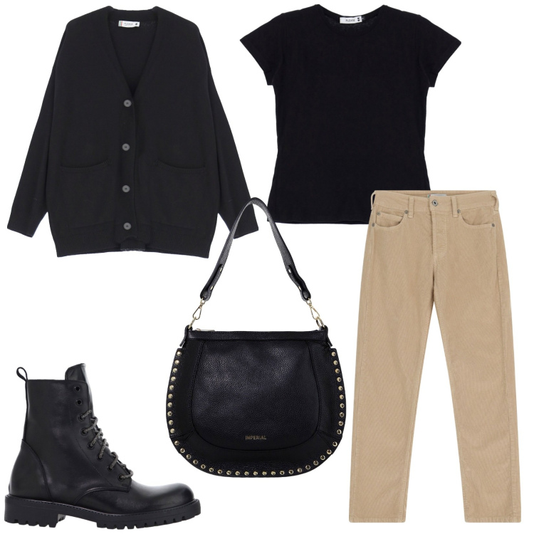 Outfit donna - Lost in myself. Stile Casual per Ufficio. Abbinamento con pantaloni, cardigans, t-shirt, borse a spalla, stivaletti.