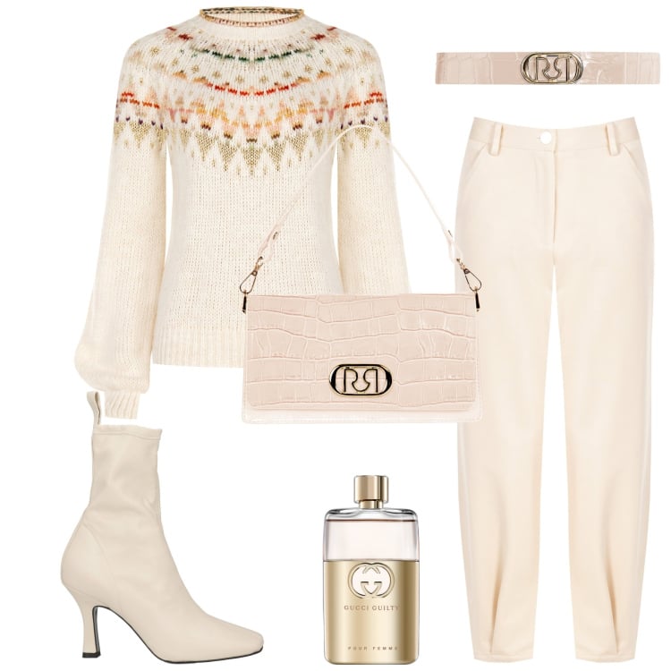 Outfit donna - Color avorio. Stile Casual chic per Serata fuori. Abbinamento con stivaletti, profumi, maglieria, pantaloni, borse a tracolla, cinture.