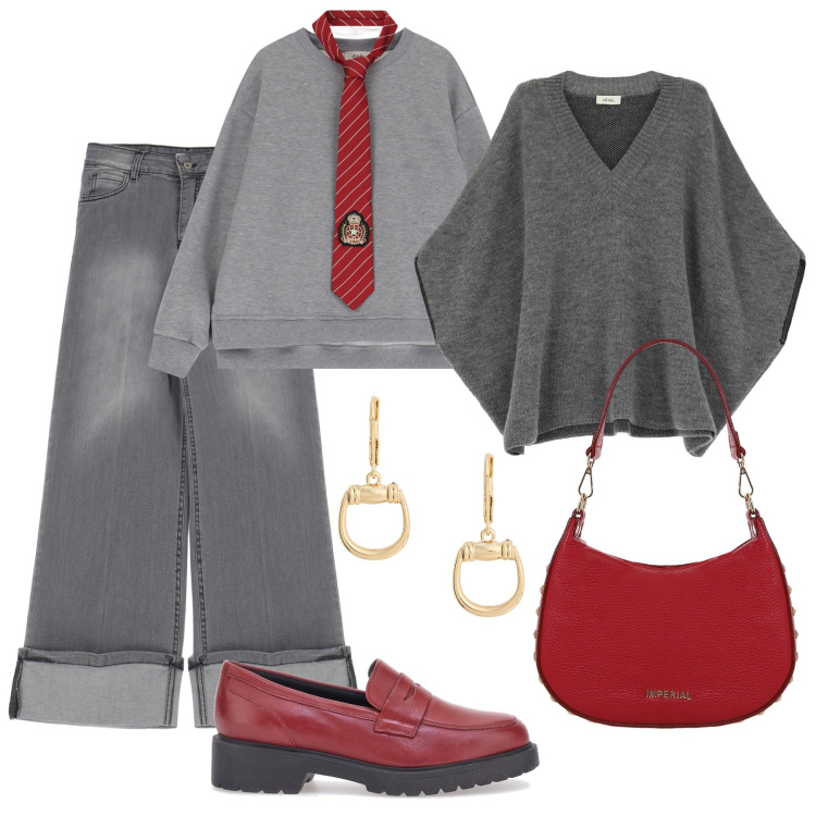Outfit donna - Un tocco collage in città. Stile Urban per Tutti i giorni. Abbinamento con felpe, cappotti, jeans, borse a spalla, orecchini, mocassini.
