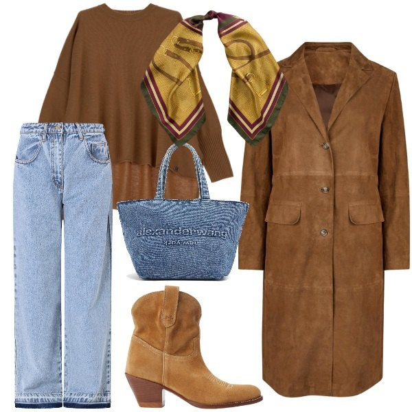 Outfit donna - Cappotto lungo. Stile Basic per Ufficio. Abbinamento con jeans, stivaletti, foulard, pullovers, cappotti, borse a tracolla.