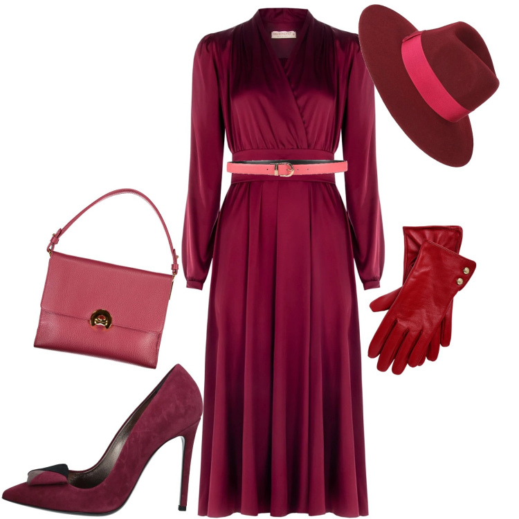 Outfit donna - Miriam/burgundy and purple. Stile Chic per Serata fuori. Abbinamento con cappelli, cinture, décolleté, vestiti lunghi, guanti, borse a spalla.