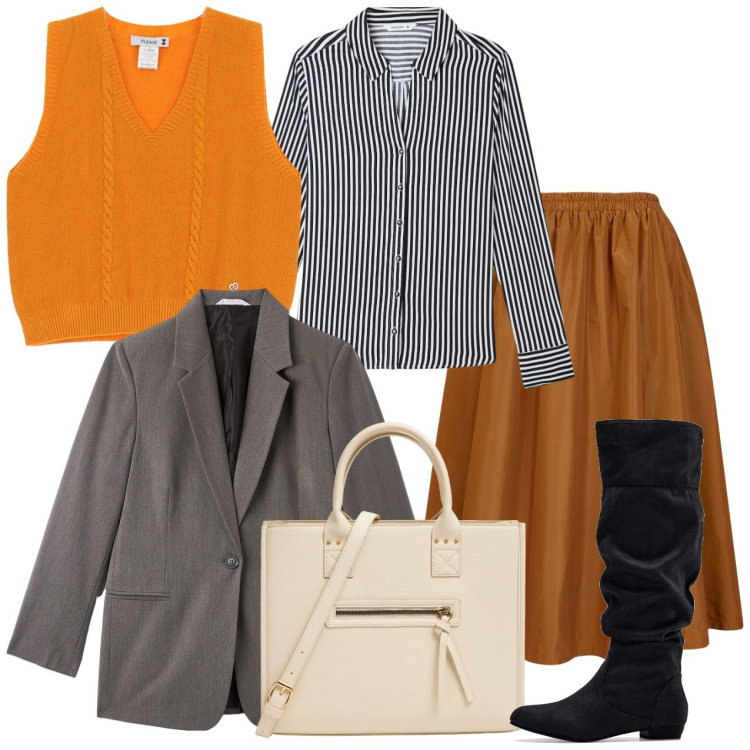 Outfit donna - Gonna e stivali. Stile Bon Ton per Tutti i giorni. Abbinamento con stivali, camicie, blazer, shopping bag, gilet, gonne lunghe.