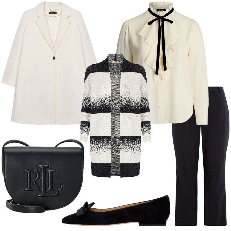 Outfit donna - Toni neutri - Focus Donna Curvy Italy. Stile Bon Ton per Ufficio. Abbinamento con cardigans, borse a tracolla, ballerine, camicie, pantaloni, cappotti.