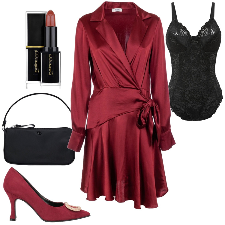 Outfit donna - Cena fuori. Stile Chic per Serata fuori. Abbinamento con body, décolleté, rossetti, vestiti, pochette.