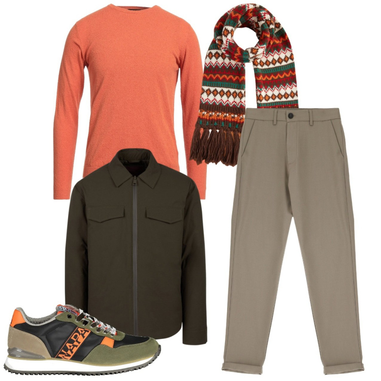 Outfit uomo - Sciarpa variopinta. Stile Trendy per Tutti i giorni. Abbinamento con pullovers, pantaloni, piumini, sciarpe, sneakers.