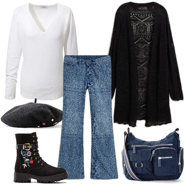 Outfit donna - Bonprix inverno. Stile Casual per Tutti i giorni. Abbinamento con cardigans, stivali, cappelli e berretti, borse a tracolla, maglieria, jeans a zampa.