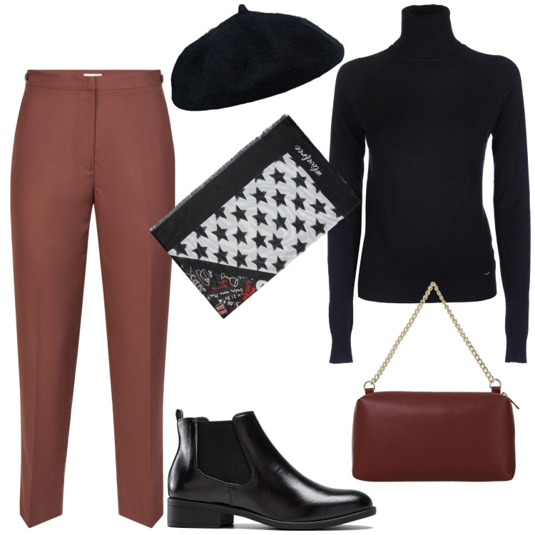 Outfit donna - Outfit lavoro donna. Stile Casual per Ufficio. Abbinamento con stivaletti chelsea, maglieria, borse a tracolla, cappelli e berretti, pantaloni, foulard.