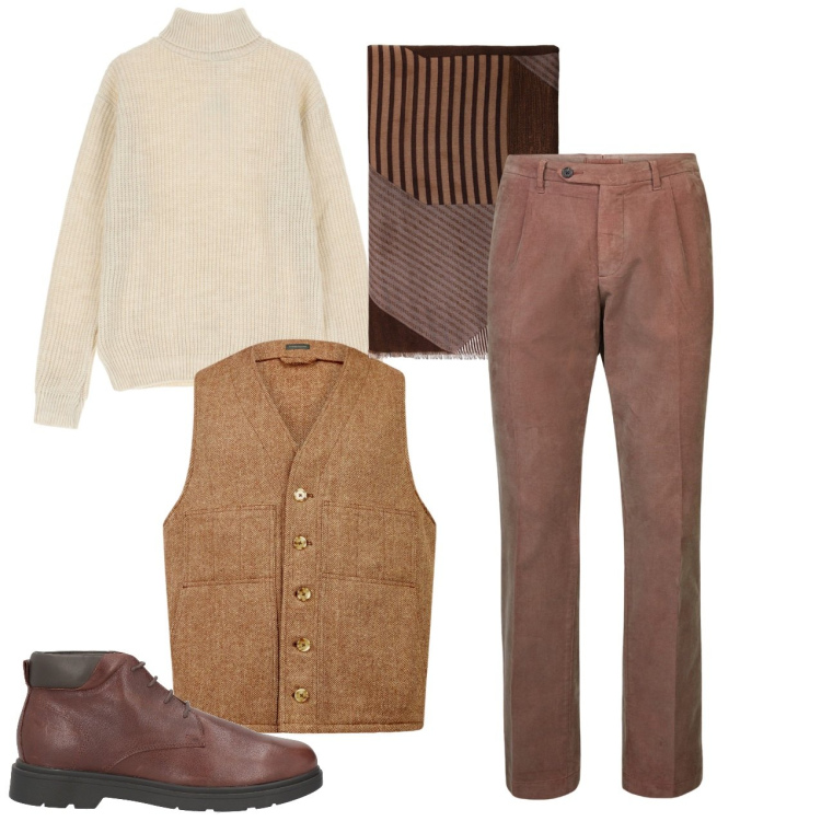Outfit uomo - Uno stile pulito. Stile Trendy per Tutti i giorni. Abbinamento con stivali e stivaletti, sciarpe, maglieria, gilet, pantaloni.