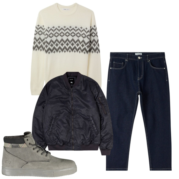 Outfit uomo - Inverno in jeans. Stile Casual per Tutti i giorni. Abbinamento con bomber, jeans, maglieria, stivali.