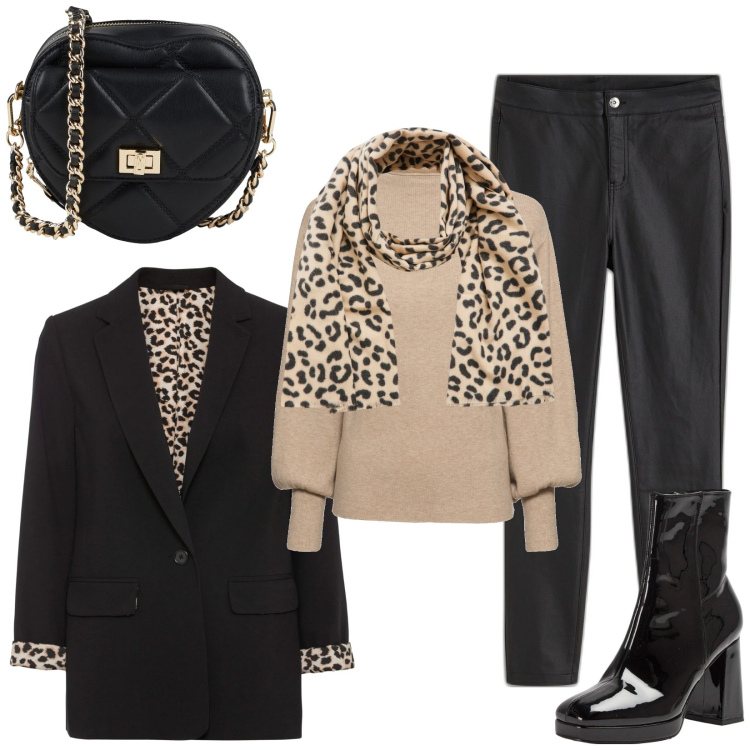 Outfit donna - Pantaloni semipelle vita alta. Stile Casual per Ufficio. Abbinamento con maglieria, blazer, pantaloni, borse a tracolla, stivaletti, sciarpe.