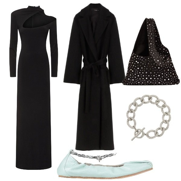 Outfit donna - Total black e ballerine. Stile Minimal per Serata fuori. Abbinamento con ballerine, cappotti, braccialetti, vestiti lunghi, borse a spalla.