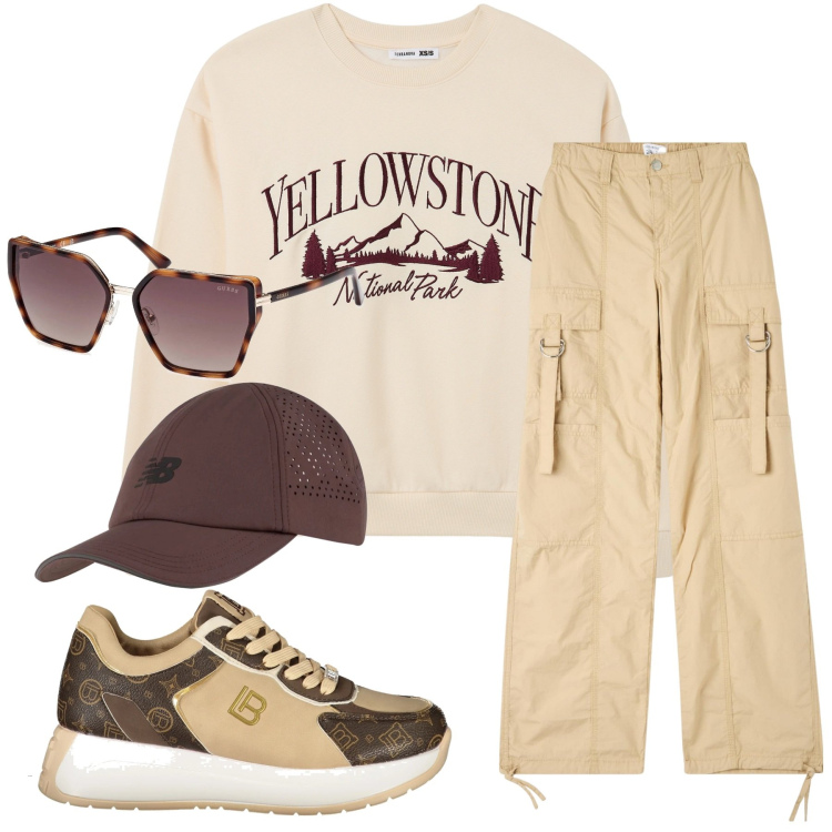 Outfit donna - Montagna. Stile Casual per Tutti i giorni. Abbinamento con pantaloni cargo, felpe, cappelli, occhiali da sole, sneakers.