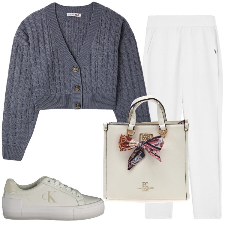 Outfit donna - Toni neutri. Stile Casual per Tutti i giorni. Abbinamento con cardigans, pantaloni, sneakers, borse a mano.