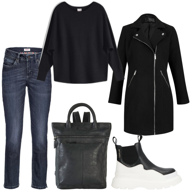 Outfit donna - Total look #2006604. Stile Urban per Tutti i giorni. Abbinamento con jeans, maglieria, cappotti, zaini, stivaletti.