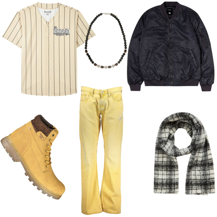 Outfit uomo - Urban Style. Stile Urban Abbinamento con t-shirt, bomber, sciarpe, collane, stivali, jeans dritti.