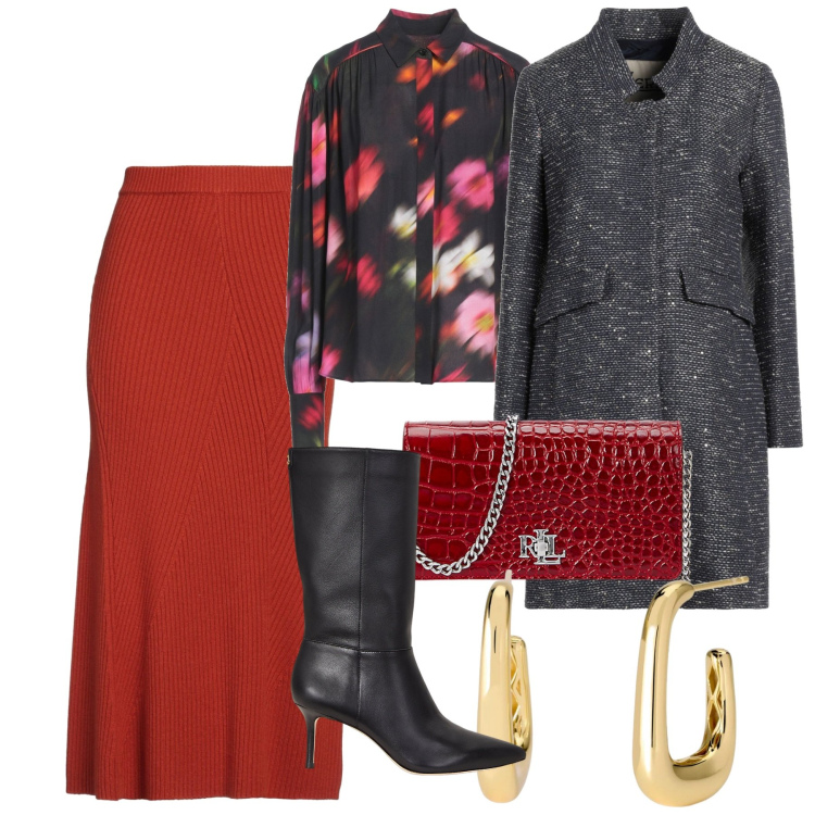 Outfit donna - Giorni di festa prossimamente. Stile Chic per Serata fuori. Abbinamento con cappotti, gonne longuette, camicie, orecchini, stivali, borse a mano.