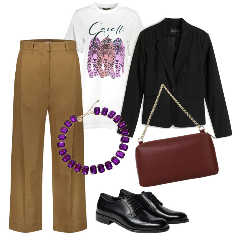 Outfit donna - Stringate e t-shirt. Stile Casual chic per Tutti i giorni. Abbinamento con blazer, borse a tracolla, collane, pantaloni, scarpe stringate, vestiti corti.