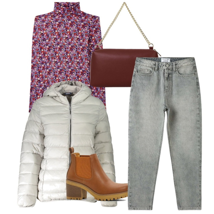 Outfit donna - Dolcevita. Stile Basic per Tutti i giorni. Abbinamento con stivaletti chelsea, t-shirt, jeans mom, borse a tracolla, blazer.