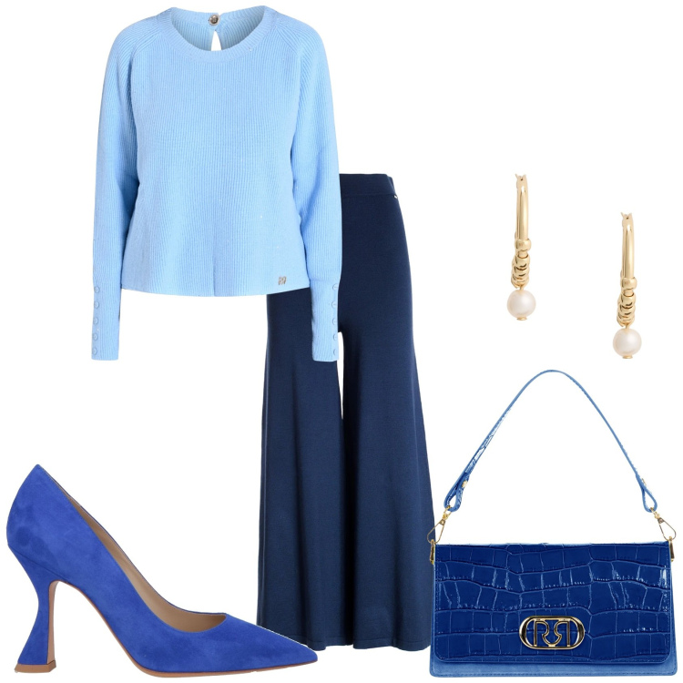 Outfit donna - A casa tua per una cena. Stile Glamour per Serata fuori. Abbinamento con décolleté, maglieria, borse a tracolla, pantaloni, orecchini.