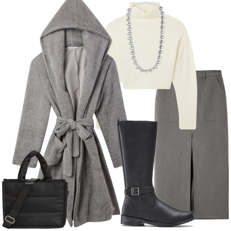 Outfit donna - In città. Stile Casual chic per Ufficio. Abbinamento con stivali, gonne lunghe, cappotti, shopping bag, collane, maglieria.
