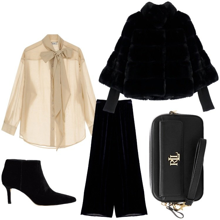 Outfit donna - Signora da sera. Stile Chic per Serata fuori. Abbinamento con pantaloni, blazer, camicie, pochette, stivaletti.