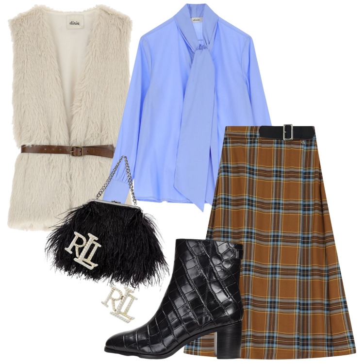 Outfit donna - Total look #2006698. Stile 70s per Serata fuori. look ideale per Tall. Abbinamento con gonne lunghe, gilet, camicie, orecchini, stivaletti, clutch.