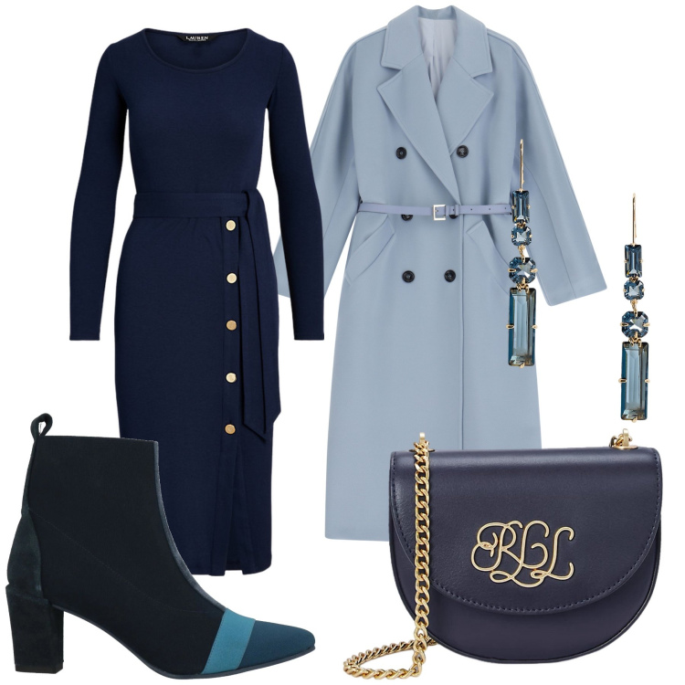 Outfit donna - Total look #2006703. Stile Bon Ton per Serata fuori. Abbinamento con stivaletti, cappotti, borse a tracolla, vestiti, orecchini.