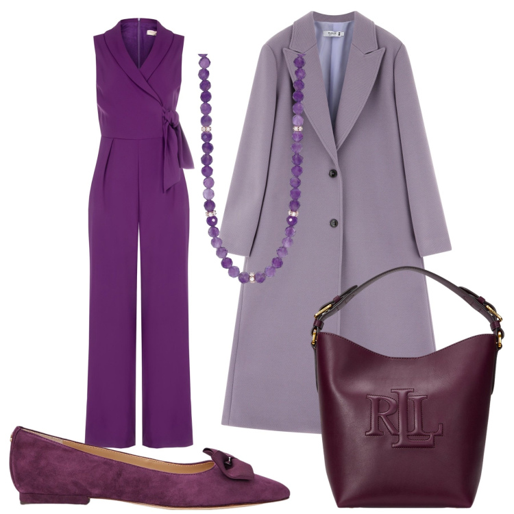 Outfit donna - Total look #2006709. Stile Glamour per Ufficio. Abbinamento con collane, tute, cappotti, ballerine, borse a secchiello.