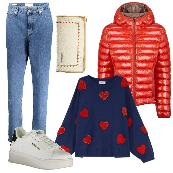 Outfit donna - Casual con pullover e jeans. Stile Casual per Tutti i giorni. Abbinamento con maglieria, blazer, sneakers, jeans mom, portafogli.