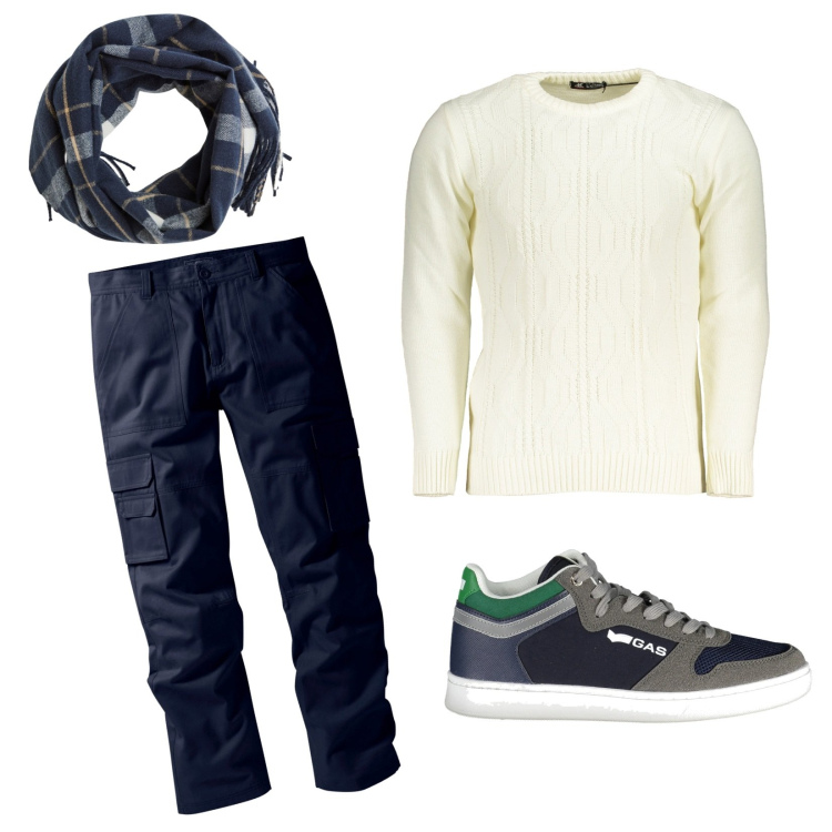 Outfit uomo - Pull chic. Stile Casual per Tutti i giorni. Abbinamento con sciarpe, pantaloni cargo, maglieria, sneakers.