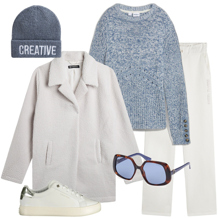 Outfit donna - Pomeriggio con le amiche. Stile Casual per Tutti i giorni. Abbinamento con maglieria, berretti, pantaloni, blazer, sneakers, occhiali da sole.