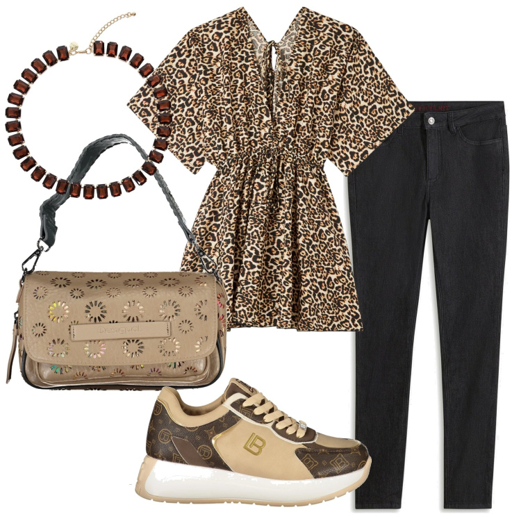 Outfit donna - Animalier. Stile Etnico per Tutti i giorni. Abbinamento con jeans skinny, caftani, collane, borse a spalla, sneakers.