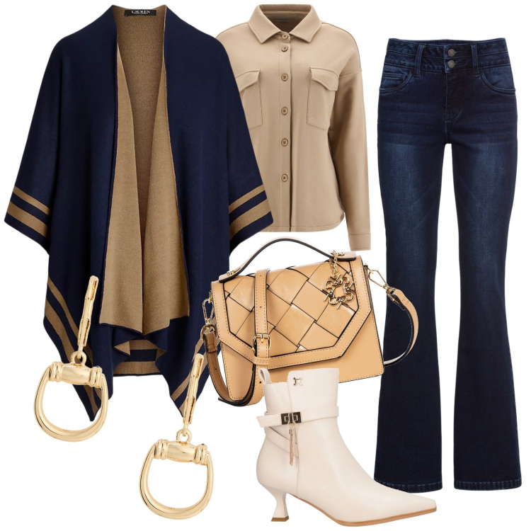 Outfit donna - Total look #2006741. Stile Casual chic per Tutti i giorni. Abbinamento con jeans bootcut, stivaletti, borse a mano, camicie, cappe, orecchini.