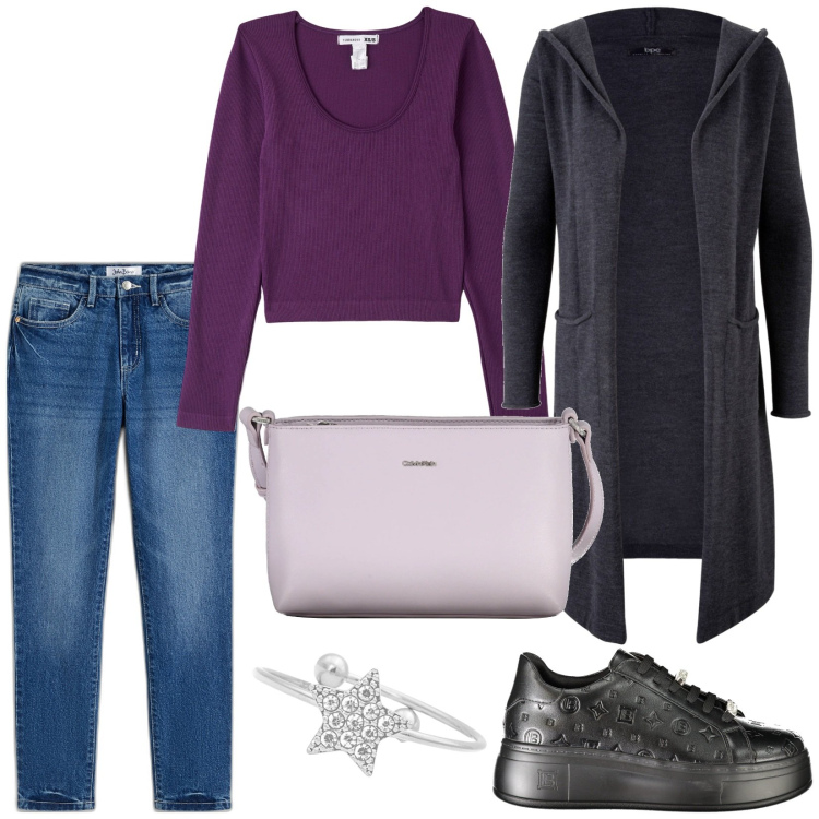 Outfit donna - Jeans e cardigan. Stile Basic per Tutti i giorni. Abbinamento con cardigans, jeans slim fit, t-shirt, anelli, sneakers, borse a tracolla.