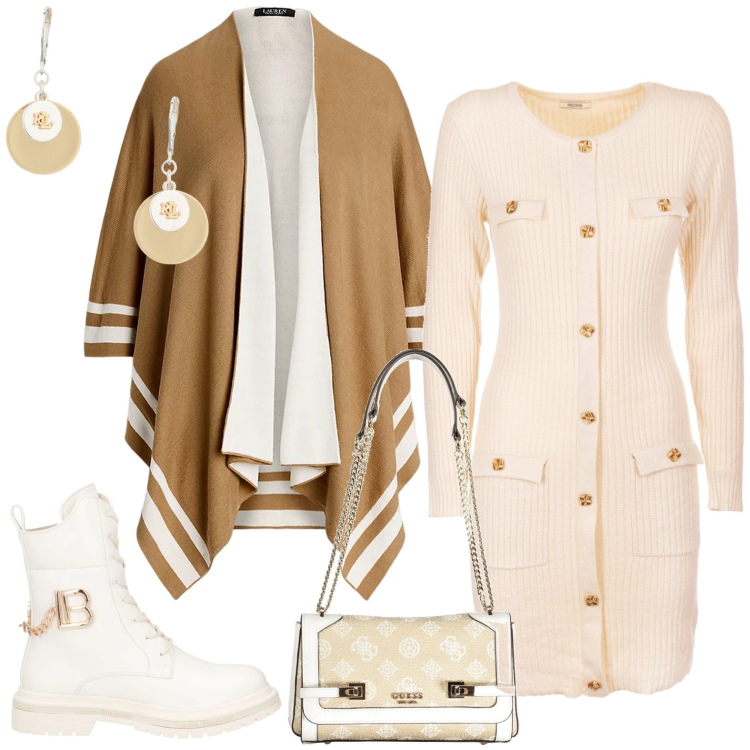 Outfit donna - Total look #2006751. Stile Casual chic per Tutti i giorni. Abbinamento con anfibi, vestiti, cappe, orecchini, borse a spalla.