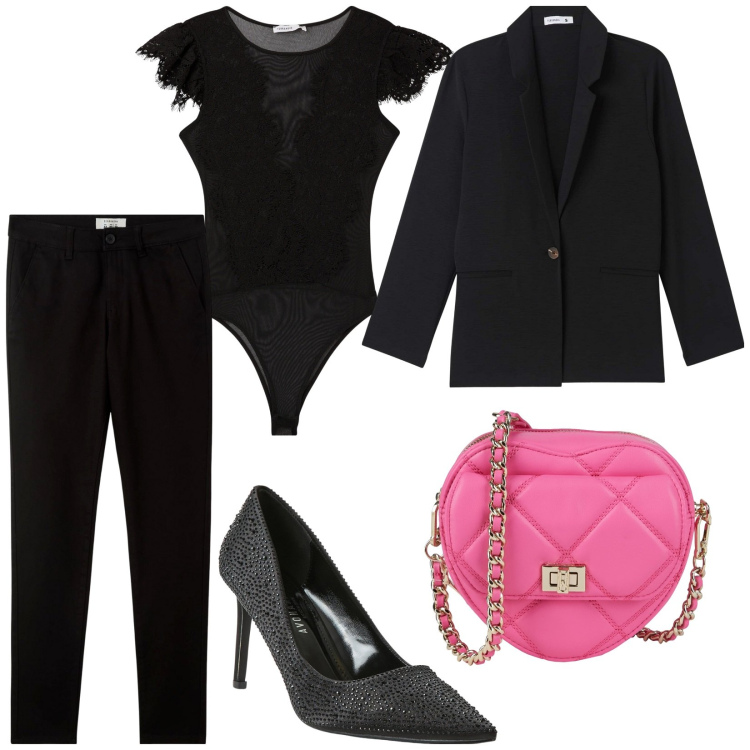 Outfit donna - L\'eleganza del nero. Stile Sexy per Serata fuori. Abbinamento con borse a tracolla, pantaloni chino, body, blazer, décolleté.