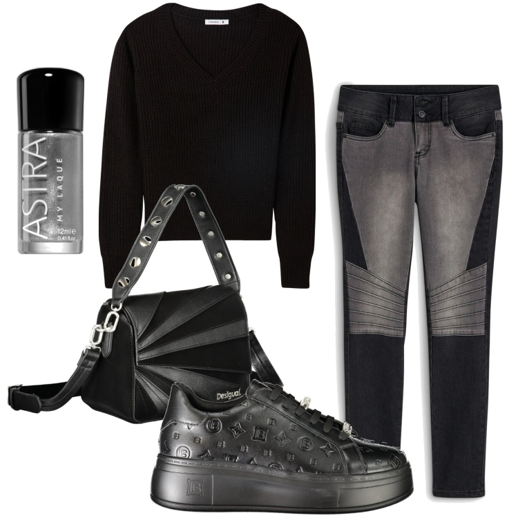 Outfit donna - Bicolore nero e grigio. Stile Rock per Tutti i giorni. Abbinamento con jeans skinny, smalti, maglieria, sneakers, borse a spalla.