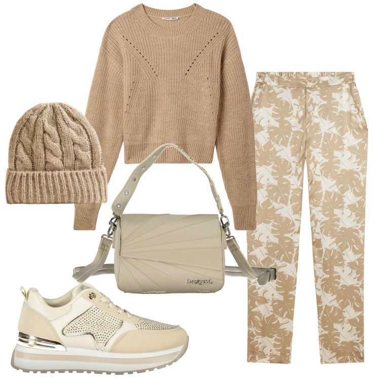 Outfit donna - Casual comodo toni neutri. Stile Casual per Tutti i giorni. Abbinamento con maglieria, berretti, pantaloni, borse a spalla, sneakers.